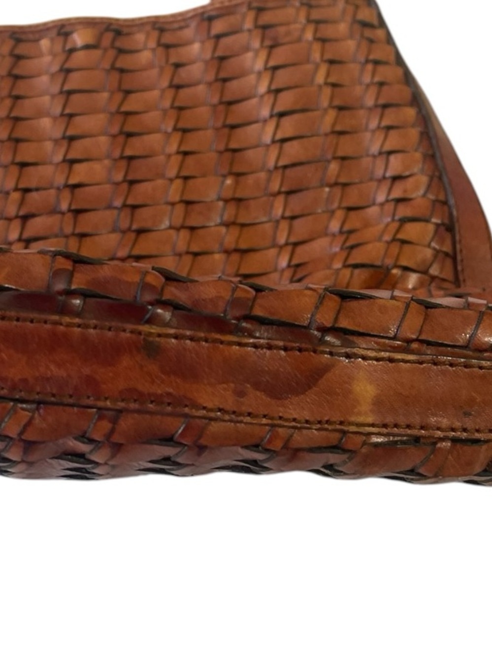 Vintage Fossil Woven Leather Shoulder Bag Tote Cognac Brown Boho Crossbody - Picture 12 of 14